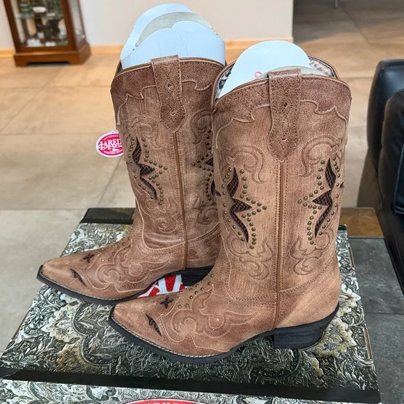 NWT Laredo Brown leather Western Boots embellishment women’s sz 6.5 W - Picture 2 of 10